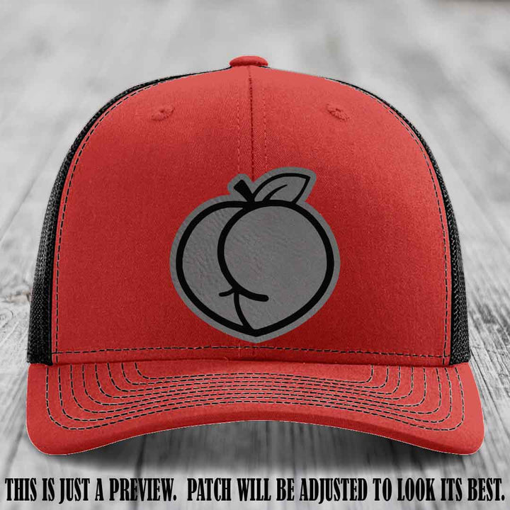 Peachy Keen Grey to Black Patch on Red to Black Hat - Funny Custom Richardson 112 Leather Patch Hat