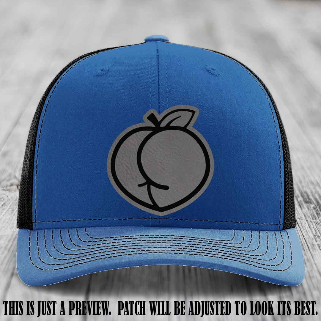 Peachy Keen Grey to Black Patch on Royal to Black Hat - Funny Custom Richardson 112 Leather Patch Hat
