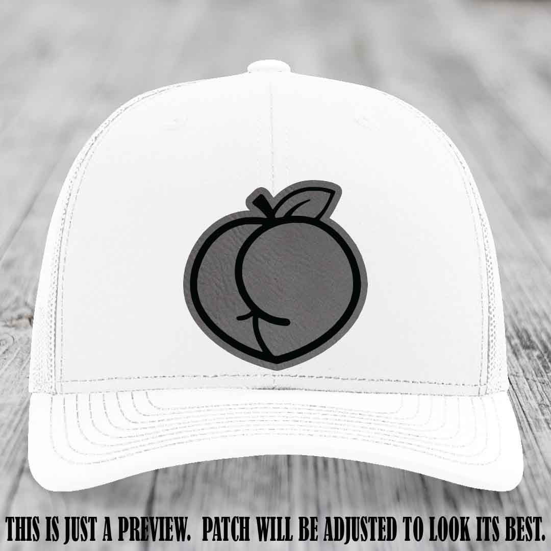 Peachy Keen Grey to Black Patch on White Hat - Funny Custom Richardson 112 Leather Patch Hat