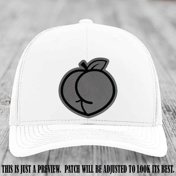 Peachy Keen Grey to Black Patch on White Hat - Funny Custom Richardson 112 Leather Patch Hat