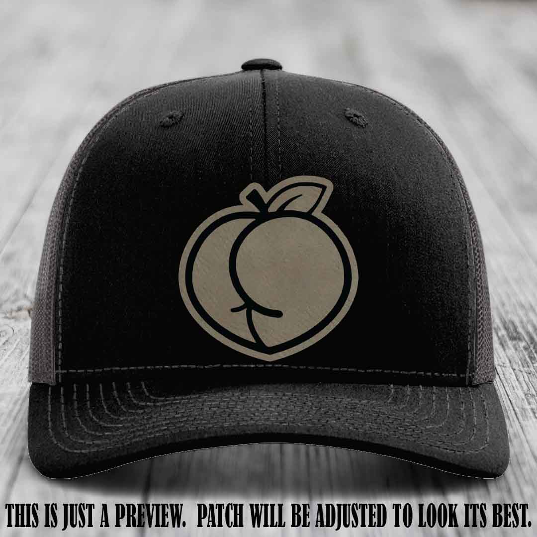 Peachy Keen Light Brown to Black Patch on Black to Charcoal Hat - Funny Custom Richardson 112 Leather Patch Hat