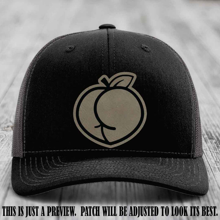 Peachy Keen Light Brown to Black Patch on Black to Charcoal Hat - Funny Custom Richardson 112 Leather Patch Hat