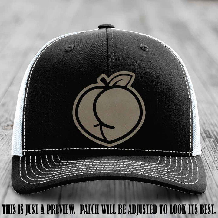 Peachy Keen Light Brown to Black Patch on Black to White Hat - Funny Custom Richardson 112 Leather Patch Hat