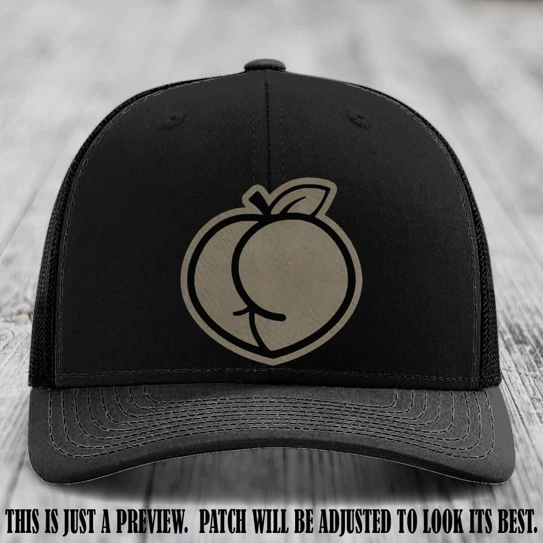 Peachy Keen Light Brown to Black Patch on Black Hat - Funny Custom Richardson 112 Leather Patch Hat