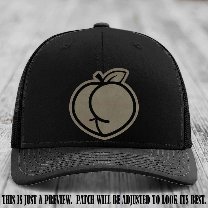 Peachy Keen Light Brown to Black Patch on Black Hat - Funny Custom Richardson 112 Leather Patch Hat