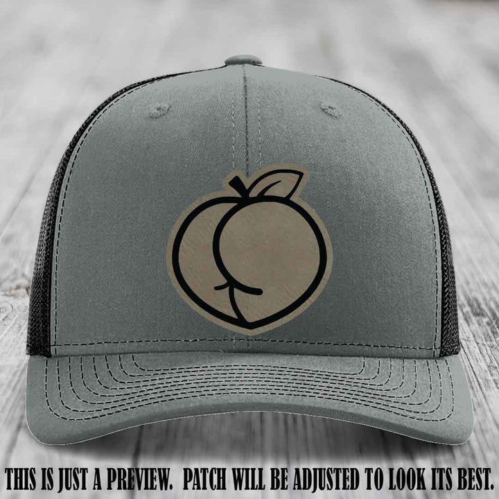 Peachy Keen Light Brown to Black Patch on Heather Grey to Black Hat - Funny Custom Richardson 112 Leather Patch Hat
