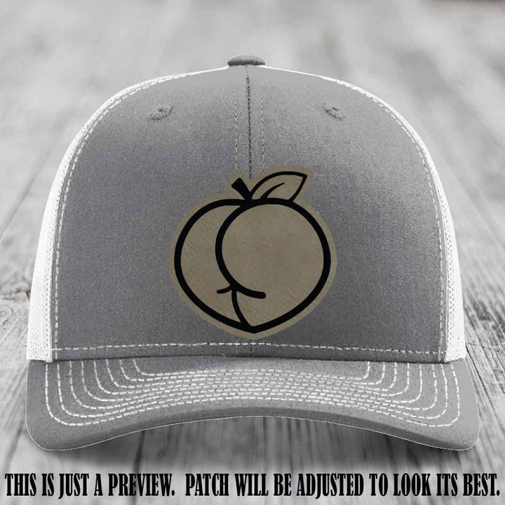 Peachy Keen Light Brown to Black Patch on Heather Grey to White Hat - Funny Custom Richardson 112 Leather Patch Hat