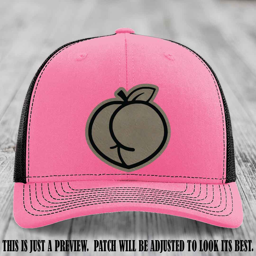 Peachy Keen Light Brown to Black Patch on Hot Pink to Black Hat - Funny Custom Richardson 112 Leather Patch Hat