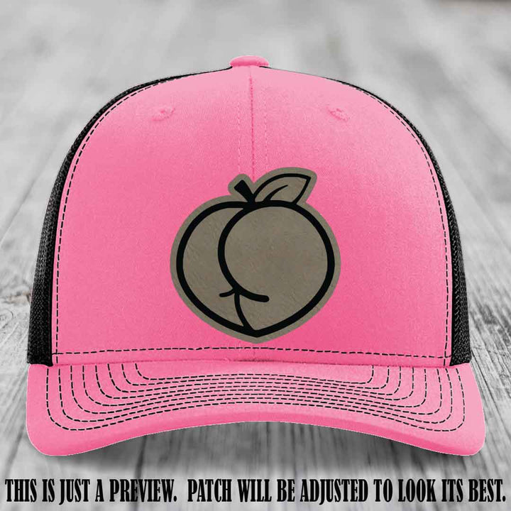 Peachy Keen Light Brown to Black Patch on Hot Pink to Black Hat - Funny Custom Richardson 112 Leather Patch Hat