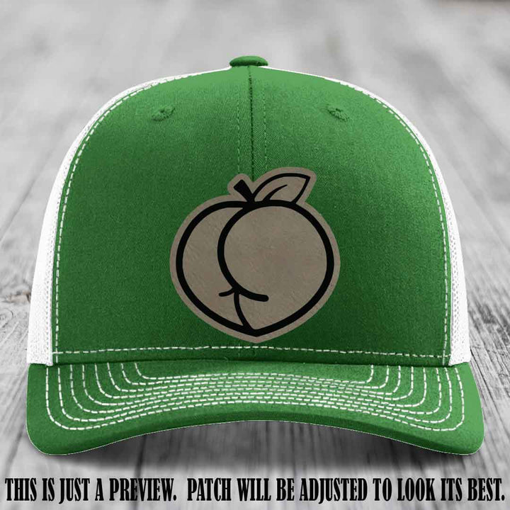 Peachy Keen Light Brown to Black Patch on Kelly to White Hat - Funny Custom Richardson 112 Leather Patch Hat