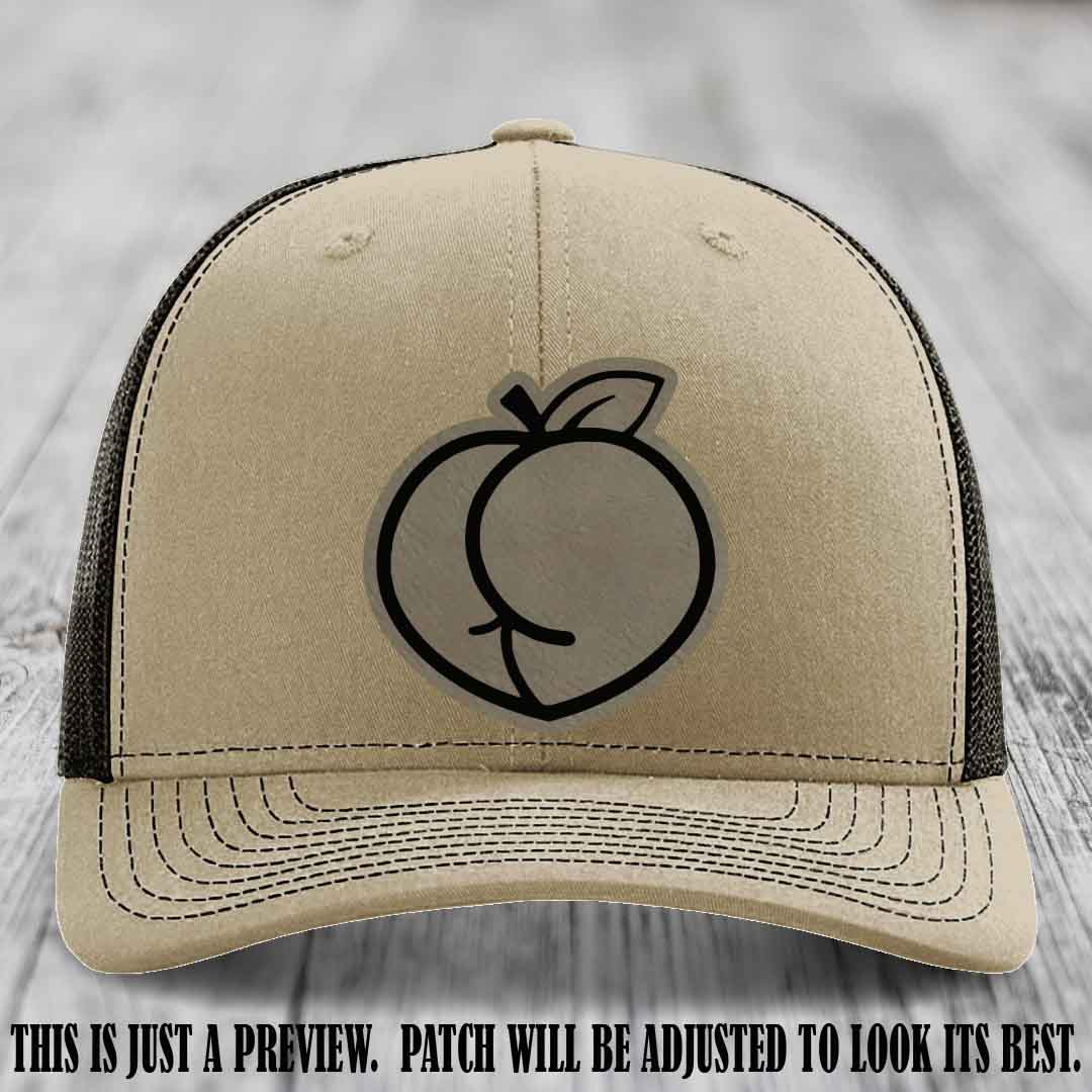 Peachy Keen Light Brown to Black Patch on Khaki to Coffee Hat - Funny Custom Richardson 112 Leather Patch Hat