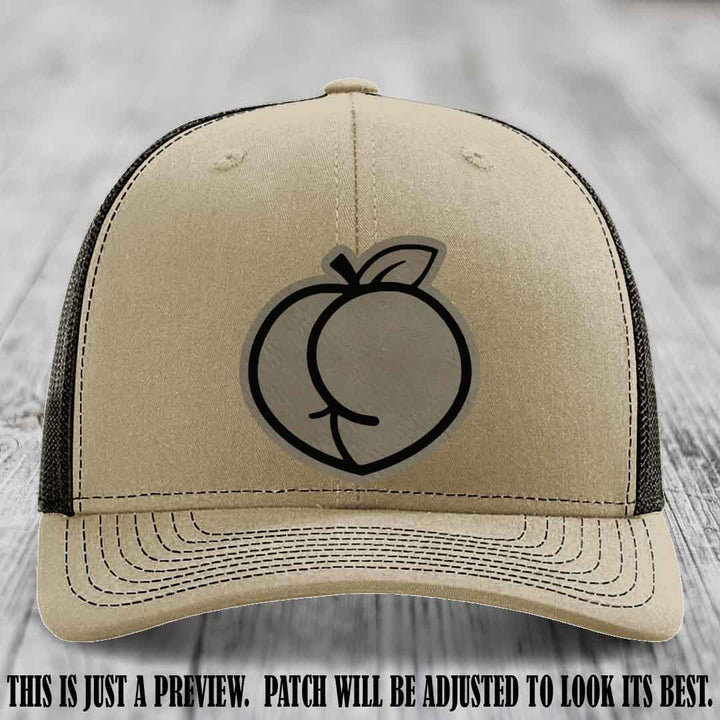 Peachy Keen Light Brown to Black Patch on Khaki to Coffee Hat - Funny Custom Richardson 112 Leather Patch Hat