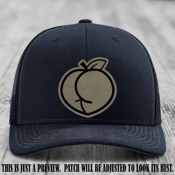 Peachy Keen Light Brown to Black Patch on Navy Hat - Funny Custom Richardson 112 Leather Patch Hat