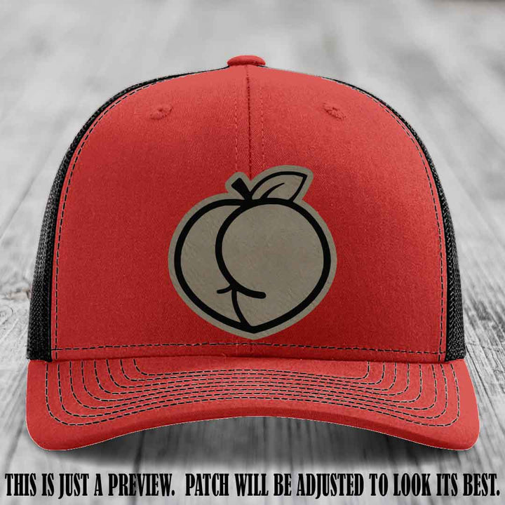 Peachy Keen Light Brown to Black Patch on Red to Black Hat - Funny Custom Richardson 112 Leather Patch Hat