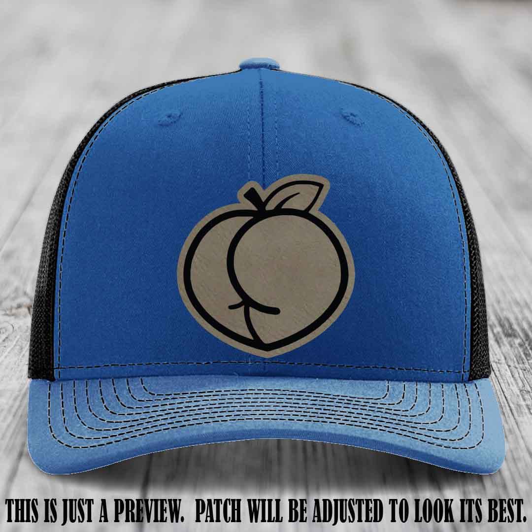Peachy Keen Light Brown to Black Patch on Royal to Black Hat - Funny Custom Richardson 112 Leather Patch Hat
