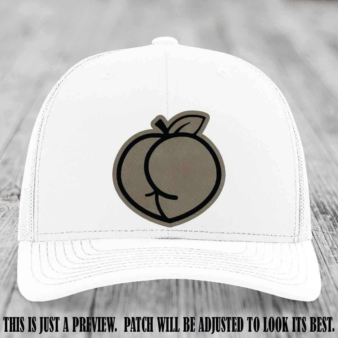 Peachy Keen Light Brown to Black Patch on White Hat - Funny Custom Richardson 112 Leather Patch Hat