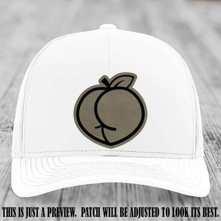 Peachy Keen Light Brown to Black Patch on White Hat - Funny Custom Richardson 112 Leather Patch Hat