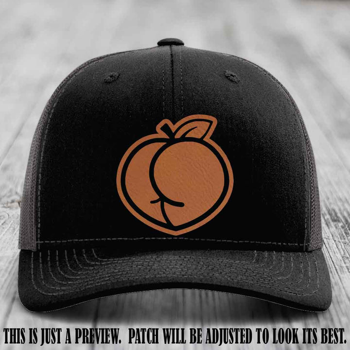 Peachy Keen Rawhide to Black Patch on Black to Charcoal Hat - Funny Custom Richardson 112 Leather Patch Hat