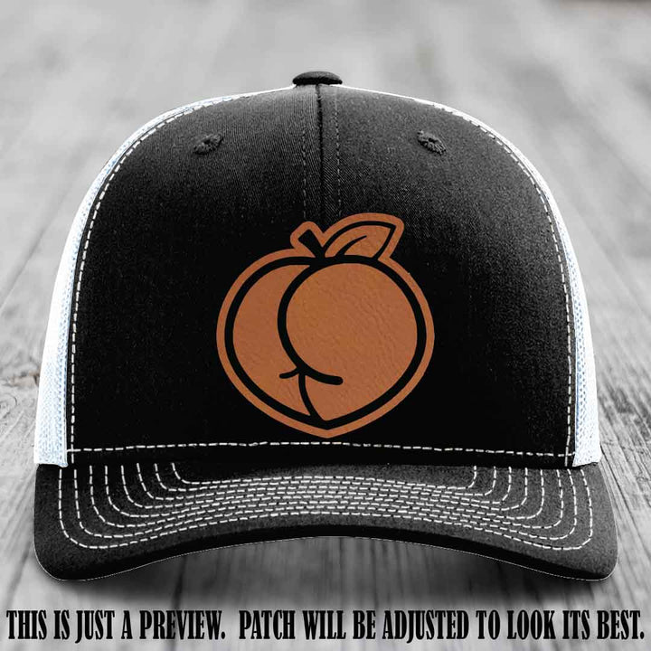 Peachy Keen Rawhide to Black Patch on Black to White Hat - Funny Custom Richardson 112 Leather Patch Hat