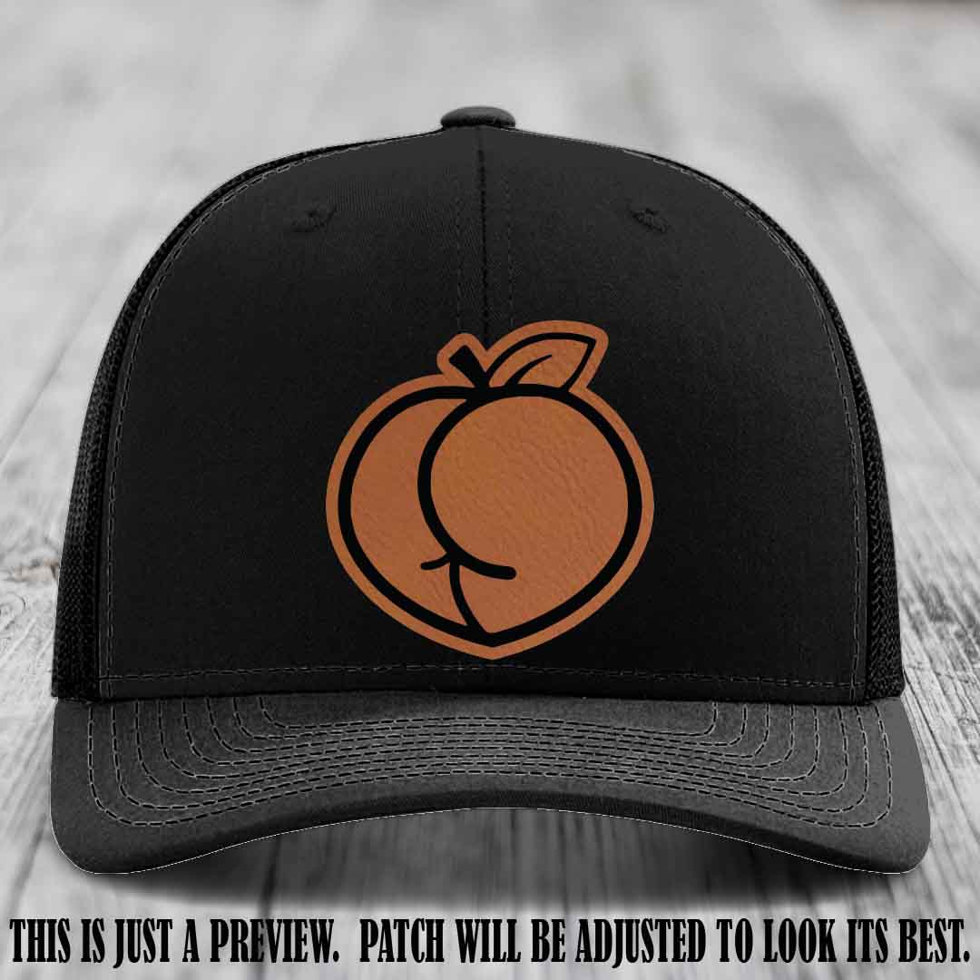 Peachy Keen Rawhide to Black Patch on Black Hat - Funny Custom Richardson 112 Leather Patch Hat