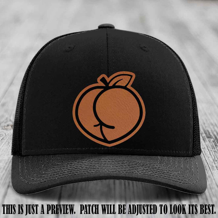 Peachy Keen Rawhide to Black Patch on Black Hat - Funny Custom Richardson 112 Leather Patch Hat