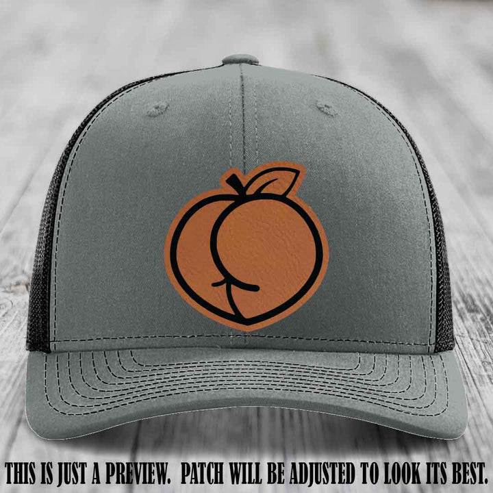 Peachy Keen Rawhide to Black Patch on Heather Grey to Black Hat - Funny Custom Richardson 112 Leather Patch Hat