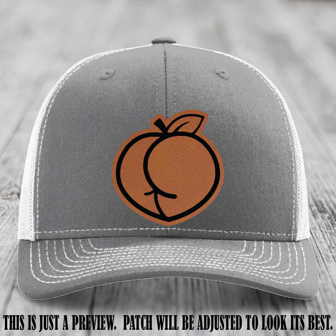 Peachy Keen Rawhide to Black Patch on Heather Grey to White Hat - Funny Custom Richardson 112 Leather Patch Hat