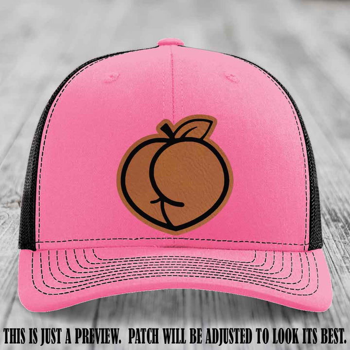 Peachy Keen Rawhide to Black Patch on Hot Pink to Black Hat - Funny Custom Richardson 112 Leather Patch Hat