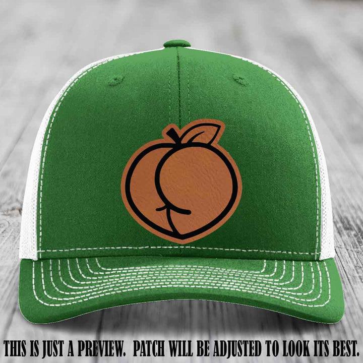 Peachy Keen Rawhide to Black Patch on Kelly to White Hat - Funny Custom Richardson 112 Leather Patch Hat