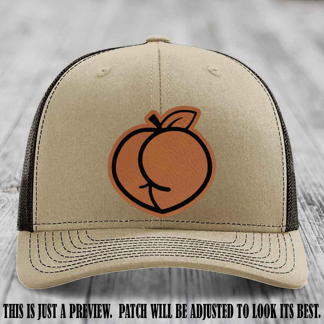 Peachy Keen Rawhide to Black Patch on Khaki to Coffee Hat - Funny Custom Richardson 112 Leather Patch Hat