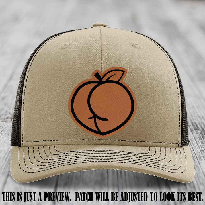 Peachy Keen Rawhide to Black Patch on Khaki to Coffee Hat - Funny Custom Richardson 112 Leather Patch Hat