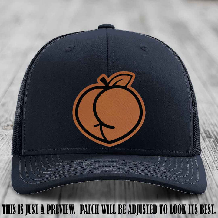 Peachy Keen Rawhide to Black Patch on Navy Hat - Funny Custom Richardson 112 Leather Patch Hat