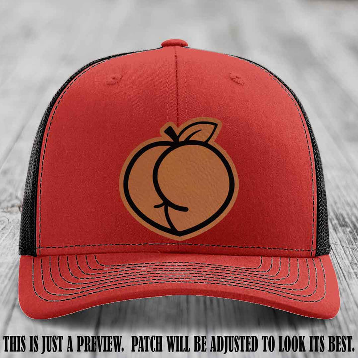 Peachy Keen Rawhide to Black Patch on Red to Black Hat - Funny Custom Richardson 112 Leather Patch Hat