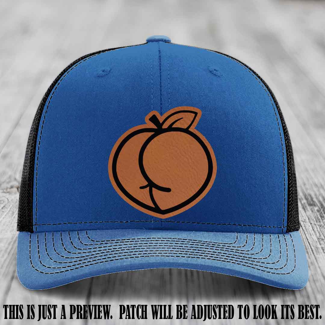 Peachy Keen Rawhide to Black Patch on Royal to Black Hat - Funny Custom Richardson 112 Leather Patch Hat
