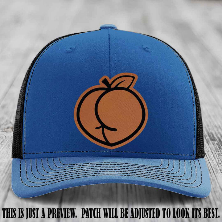 Peachy Keen Rawhide to Black Patch on Royal to Black Hat - Funny Custom Richardson 112 Leather Patch Hat