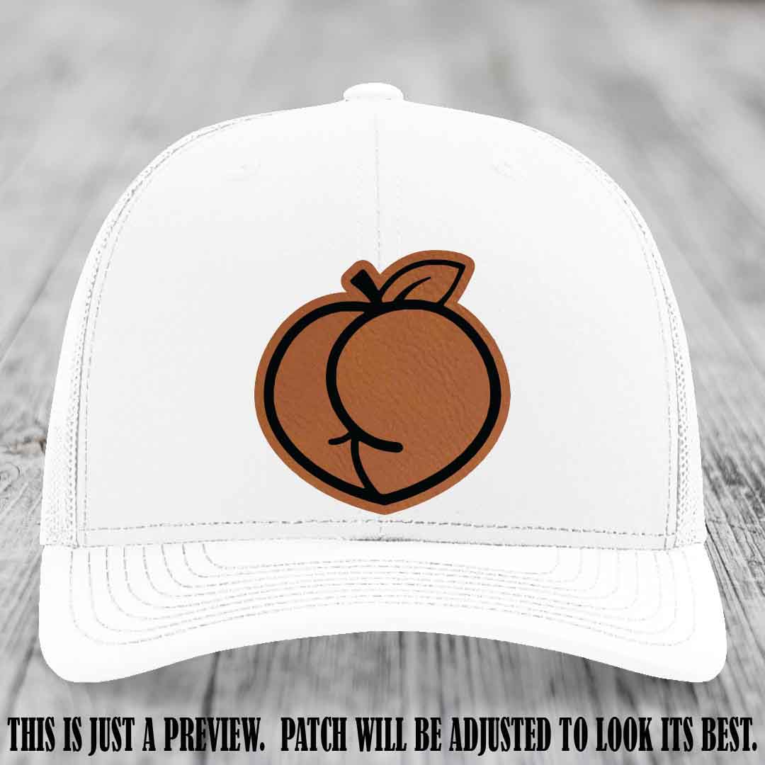 Peachy Keen Rawhide to Black Patch on White Hat - Funny Custom Richardson 112 Leather Patch Hat