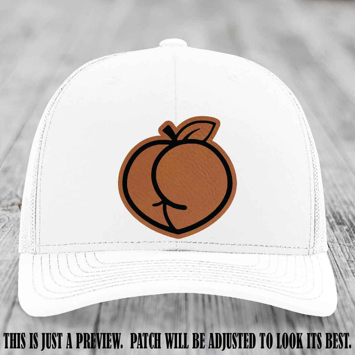 Peachy Keen Rawhide to Black Patch on White Hat - Funny Custom Richardson 112 Leather Patch Hat