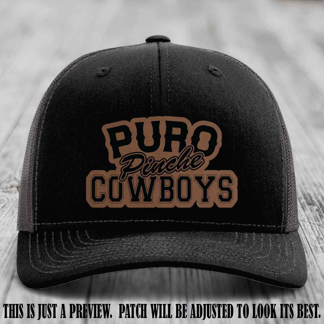 Puro Pinche Cowboys Dark Brown to Black Patch on Black to Charcoal Hat Richardson 112 leather patch hat