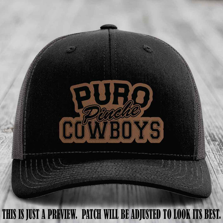 Puro Pinche Cowboys Dark Brown to Black Patch on Black to Charcoal Hat Richardson 112 leather patch hat