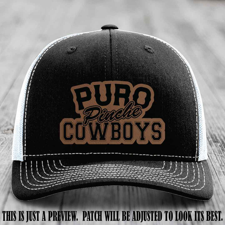 Puro Pinche Cowboys Dark Brown to Black Patch on Black to White Hat Richardson 112 leather patch hat