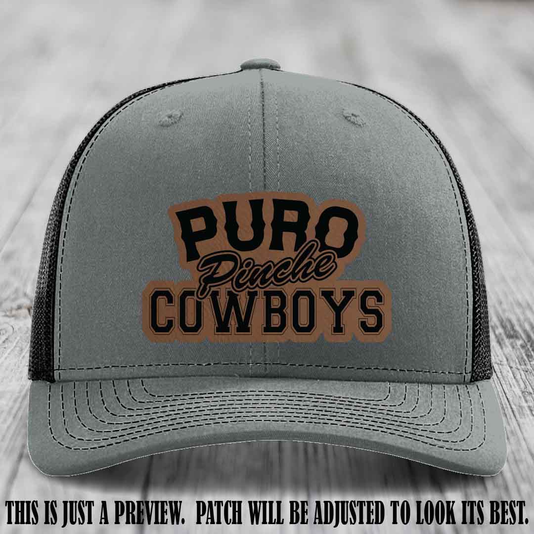 Puro Pinche Cowboys Dark Brown to Black Patch on Heather Grey to Black Hat Richardson 112 leather patch hat