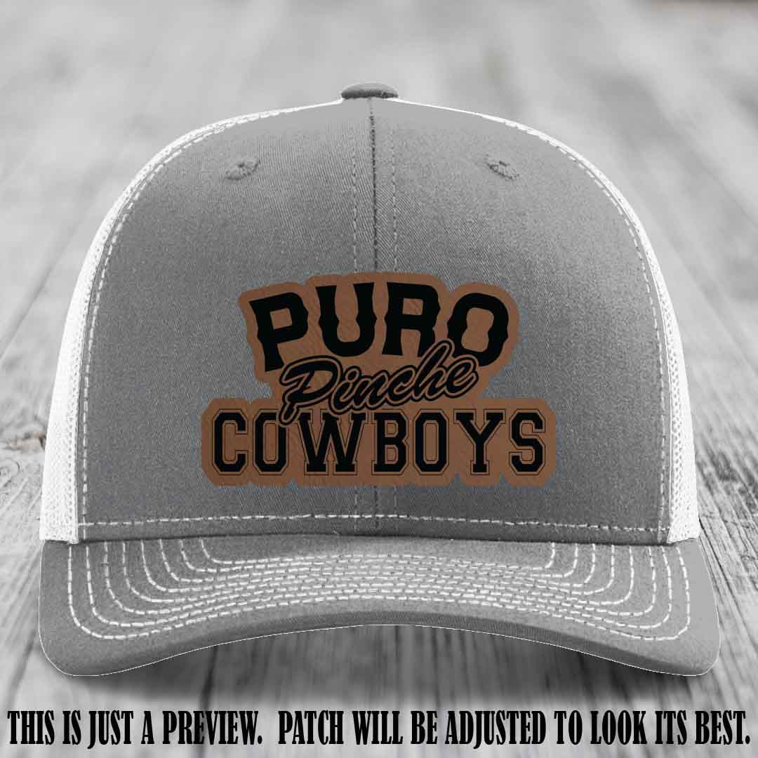 Puro Pinche Cowboys Dark Brown to Black Patch on Heather Grey to White Hat Richardson 112 leather patch hat