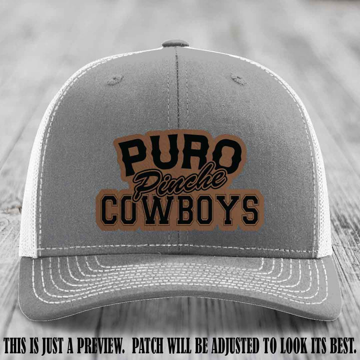 Puro Pinche Cowboys Dark Brown to Black Patch on Heather Grey to White Hat Richardson 112 leather patch hat