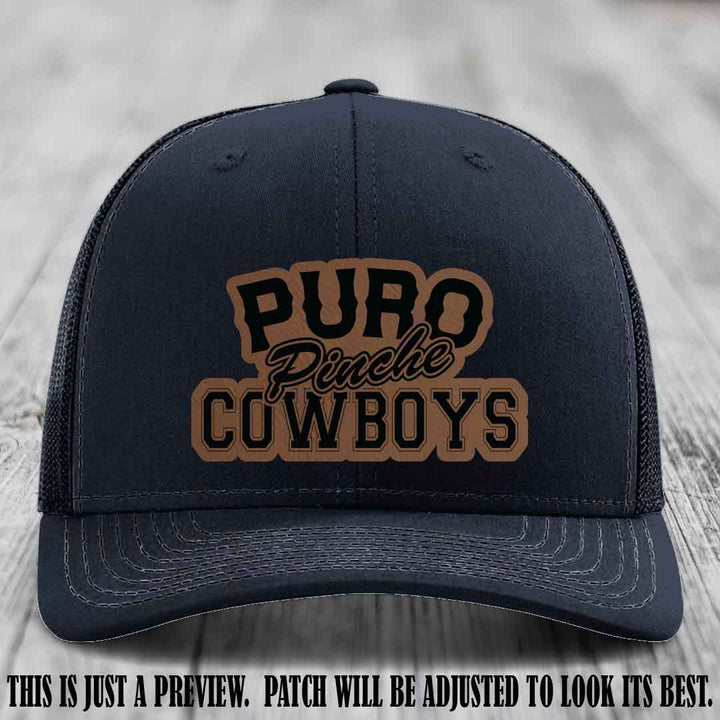 Puro Pinche Cowboys Dark Brown to Black Patch on Navy Hat Richardson 112 leather patch hat