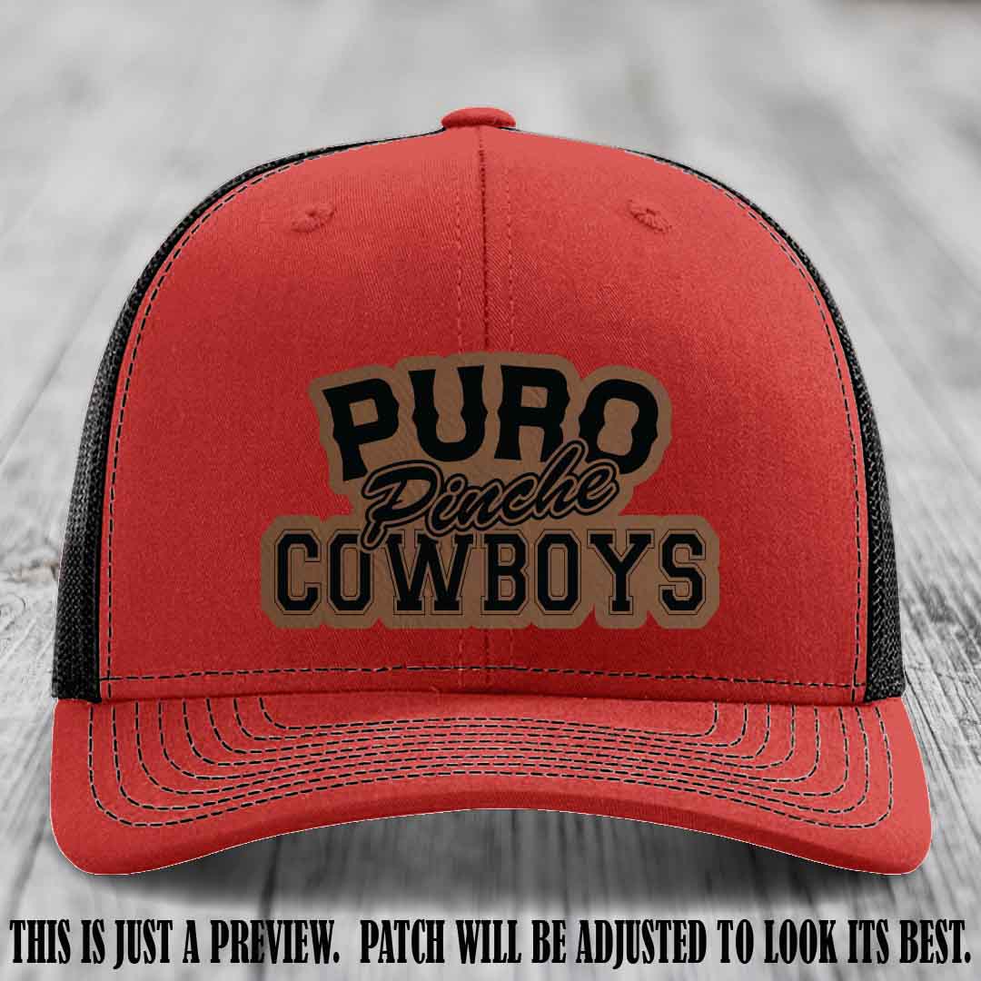 Puro Pinche Cowboys Dark Brown to Black Patch on Red to Black Hat Richardson 112 leather patch hat