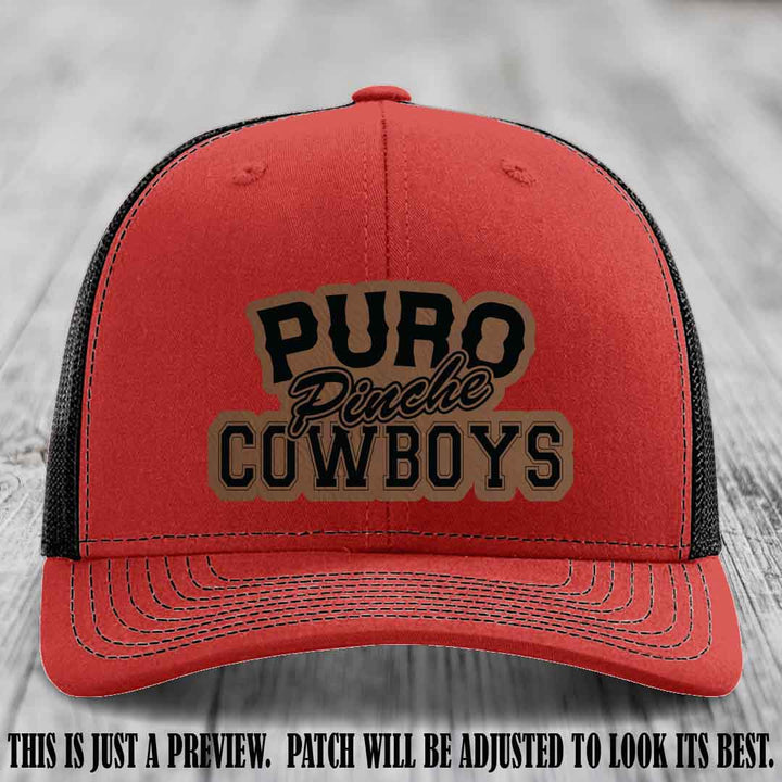 Puro Pinche Cowboys Dark Brown to Black Patch on Red to Black Hat Richardson 112 leather patch hat