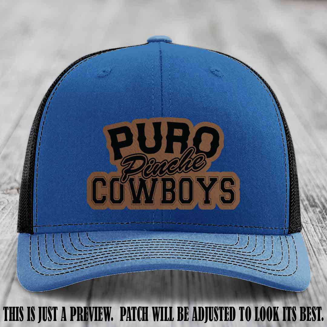 Puro Pinche Cowboys Dark Brown to Black Patch on Royal to Black Hat Richardson 112 leather patch hat