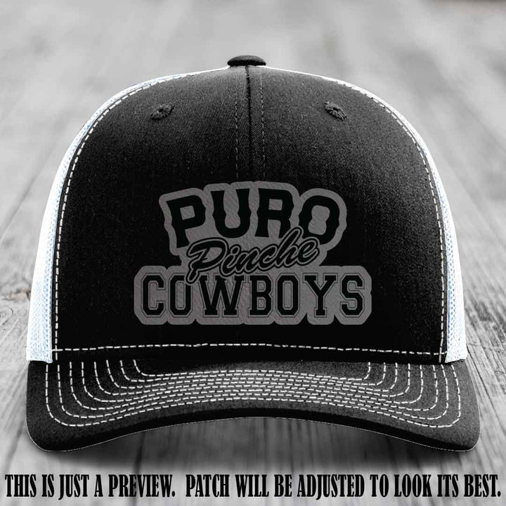 Puro Pinche Cowboys Grey to Black Patch on Black to White Hat Richardson 112 leather patch hat