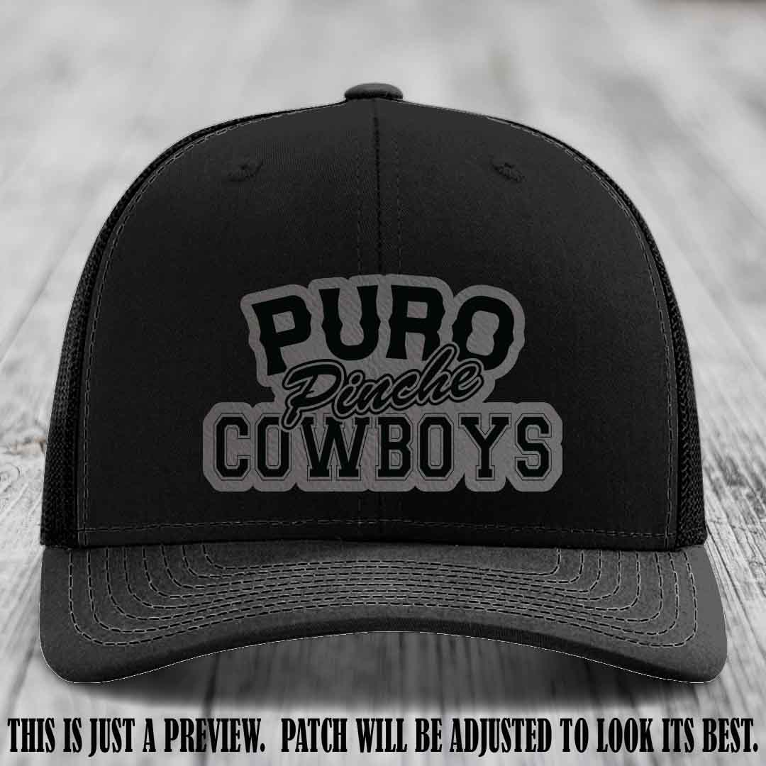 Puro Pinche Cowboys Grey to Black Patch on Black Hat Richardson 112 leather patch hat