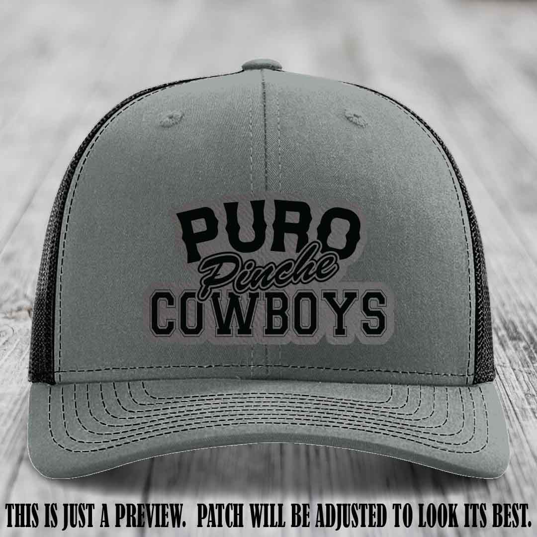 Puro Pinche Cowboys Grey to Black Patch on Heather Grey to Black Hat Richardson 112 leather patch hat